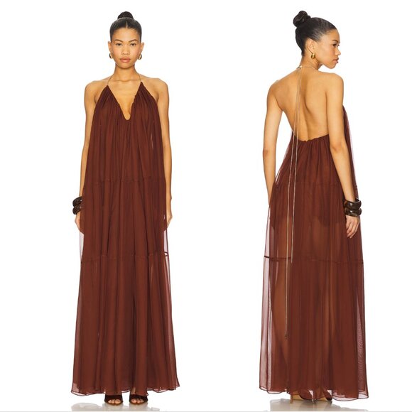 NEW retrofete Arlet Chiffon Maxi Dress in Chestnut Brown Backless Formal Gown - Picture 1 of 2